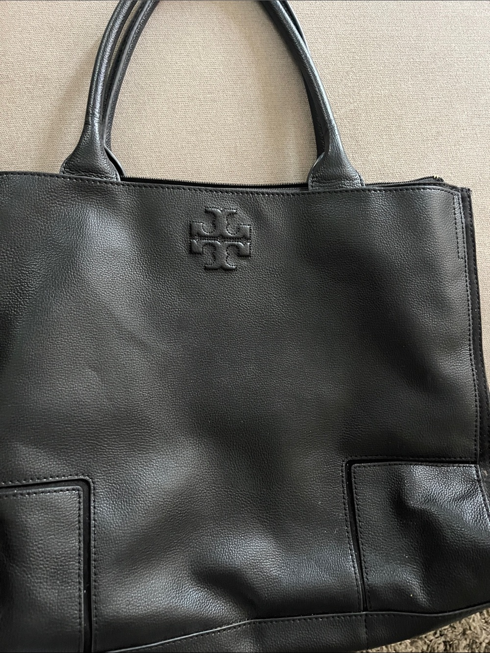 Tory Burch Black Leather Tote with Logo Detail